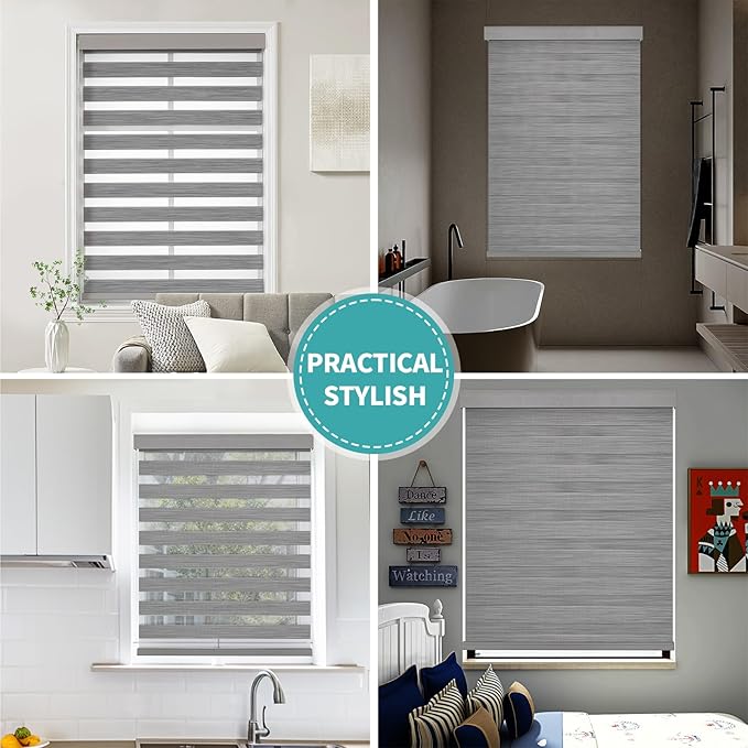 Joydeco Cordless Zebra Blinds (Pro), Dual Layer Light Control Zebra Blinds for Windows, Light-Proof Aluminum Cover, Free-Stop Roller Shades for Home & Office (Gray, 25" W x 75" H)