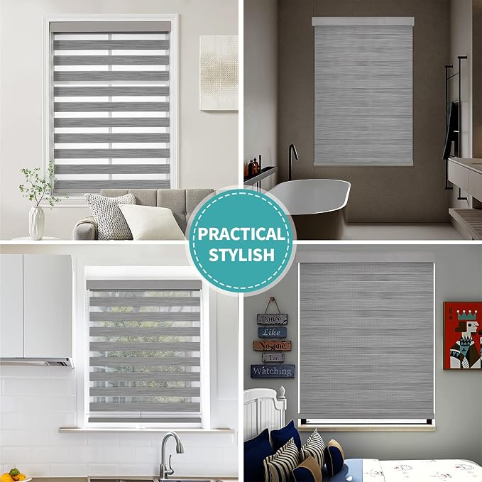 Joydeco Cordless Zebra Blinds (Pro), Dual Layer Light Control Zebra Blinds for Windows, Light-Proof Aluminum Cover, Free-Stop Roller Shades for Home & Office (Gray, 41" W x 75" H)