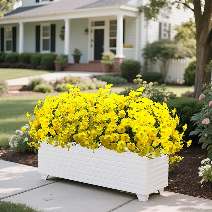 Grunyia Artificial Flowers - 16 Bundles UV Resistant Yellow Faux Silk Plastic Outdoor Fake Plants, Realistic Greenery Foliage for Porch Planter Window Box Garden Indoor Home Decor