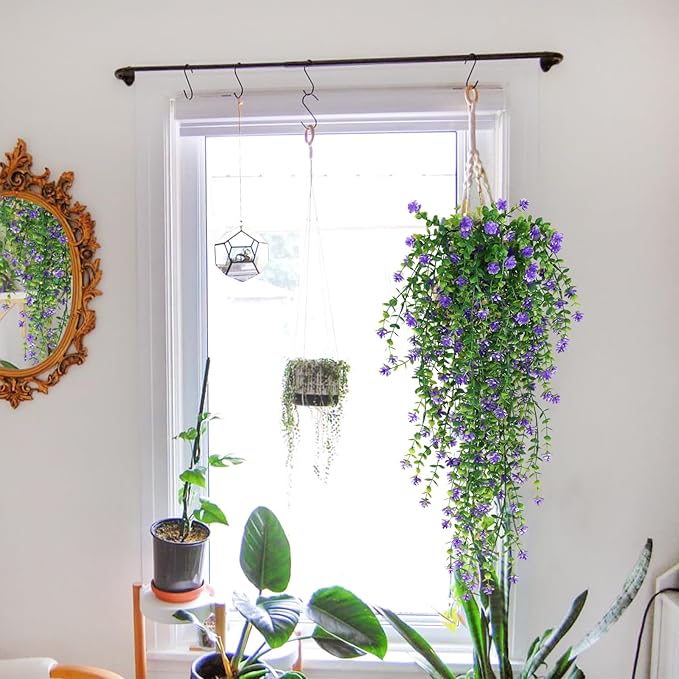SJL Hanging Greenery 4pcs Realistic Artificial Plants Indoor Artificial Hanging Plants Outdoor Fake Eucalyptus Faux Ivy Plastic Flowers Leaves Decor for Bedroom Porch Wall (Purple)