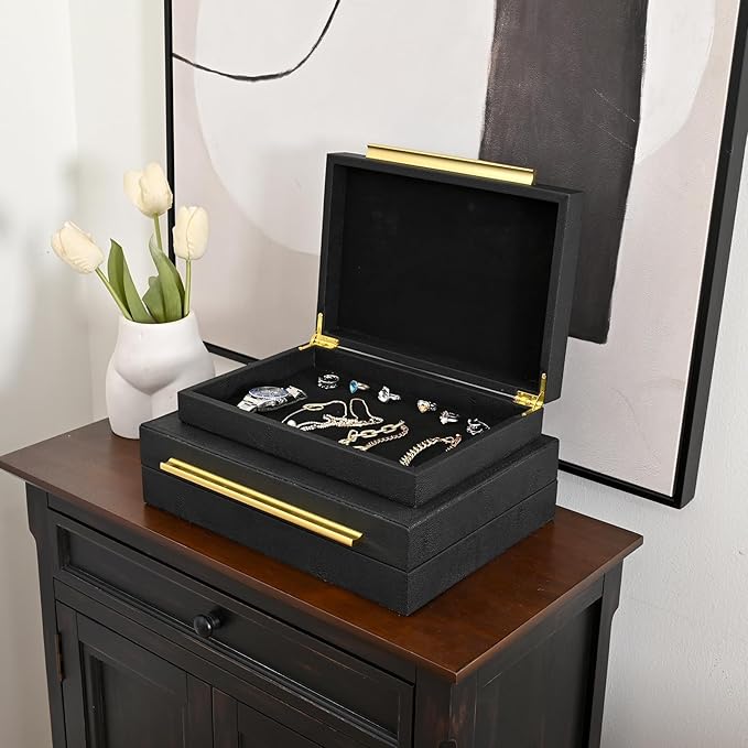 DECOR4SEASON Faux Shagreen Leather Jewelry Boxes Set of 2 with Gold Handles, Decorative Organizer Storage Box for Rings, Earrings, Watches, Dresser, Vanity, Stackable, Black
