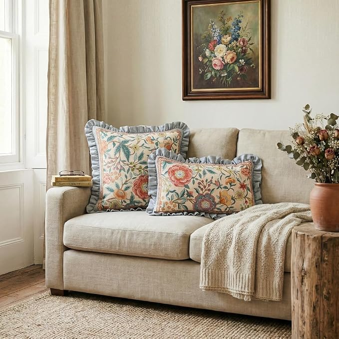 bilin gaier Vintage Linen Throw Pillow Cover,18"x18"-Flowershadow A | Designer Elegant Square Pillow Cover,Concealed Zipper Design,Floral Pattern,Sofas,Bedroom,Living Room,Lounge Chairs