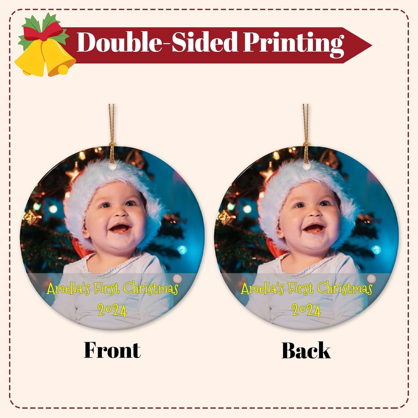 Personalized Baby Christmas Ornaments with Photo 2025 Custom Babys First Christmas Picture Name Ornaments,Double-Sided Ceramic Customized Xmas Ornaments for Christmas Tree
