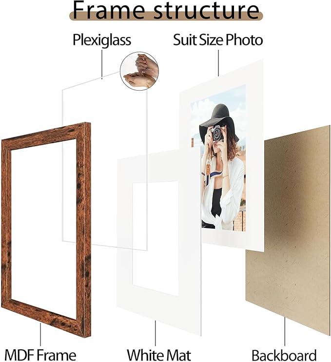 Picrit 10x10 Picture Frame Set of 12, Display 5x5 with Mat or 10x10 without Mat, Photo Frames for Wall Mounting Display, Brown