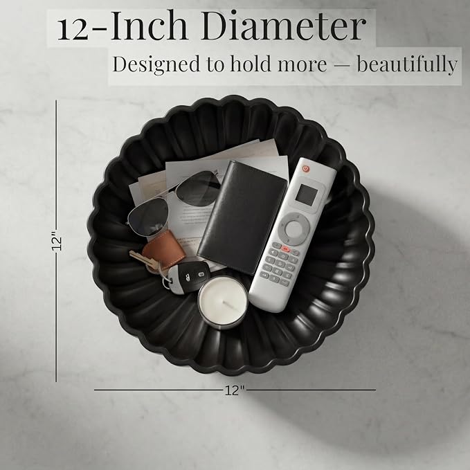 Large 12 Inch Fruit Bowl Handcrafted | Decorative Ceramic Bowl | Decorative Bowl for Keys & Entryway Decor | Modern Home Decor Centerpiece | Charcoal Black