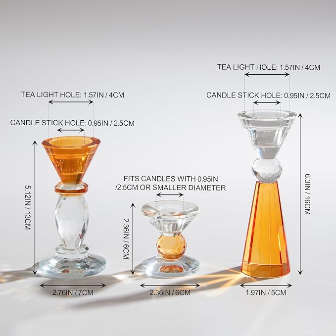 DN DECONATION Glass Candle Holder, Amber Clear Crystal Candlestick Holders | Set of 3, Tealight Candles Holder for Table Centerpiece Home Decor, Wedding Decorations Housewarming Gift Living Room Party