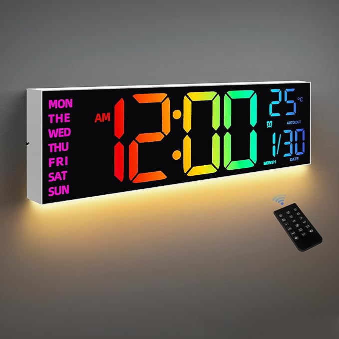 HAITANG 8 Colors Digital Wall Clock, 16.2" Large Digital Clock with Temperature, Date, Auto DST, Night Light, Auto Brightness Dimmer, 24/12-hour Wall Clock for Living Room Office Classroom Gym