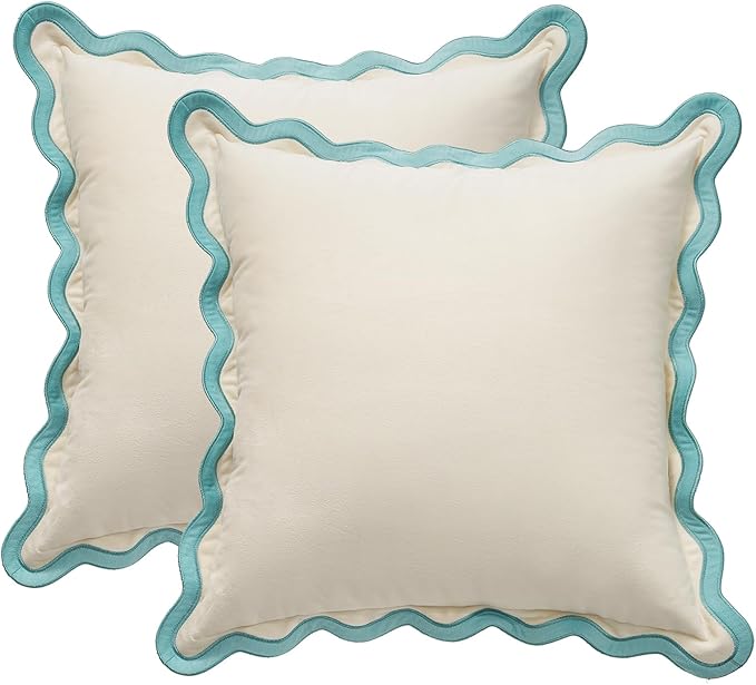 MONDAY MOOSE Decorative Throw Pillow Covers Cushion Cases, Set of 2 Soft Velvet Scalloped Wavy Edge Designs, Mix and Match for Home Decor, Pillow Inserts Not Included (16x16 inch, White/Light Blue)