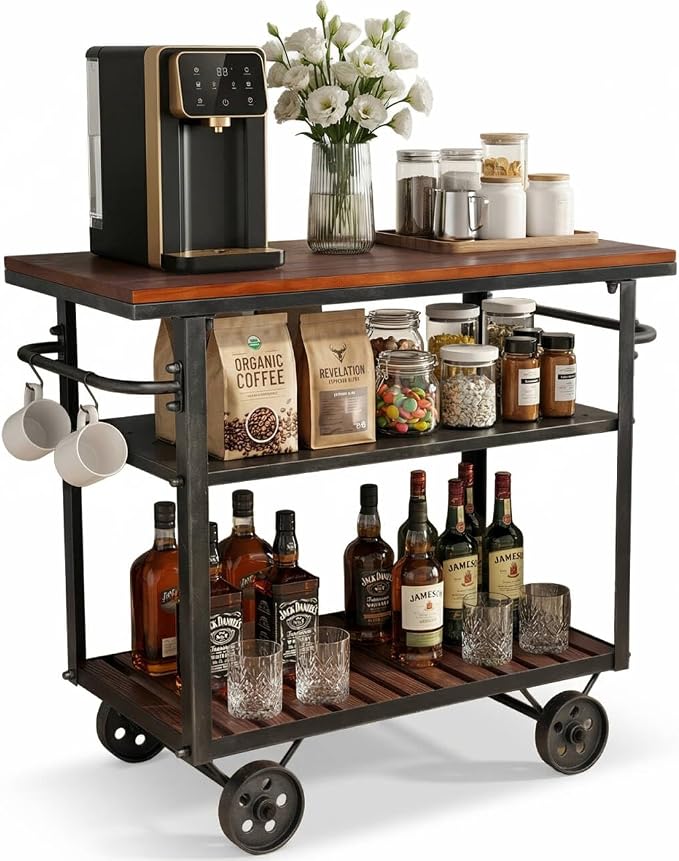 Vintage Rolling Bar Cart on Wheels Industrial Mobile Serving Cart Metal and Wood Design for Kitchen Bar Office Coffee House 36.2" Lx15.75 Wx30.5 H 3 Tier with 2 Side Handle
