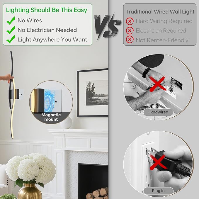 Battery Operated Wall Sconces Set of 2, Dimmable Modern LED Rechargeable Wall Light with Remote Control, Wall Decor for Living Room, Hallway, Quick Install, No Electrician Required 23.6 Inch