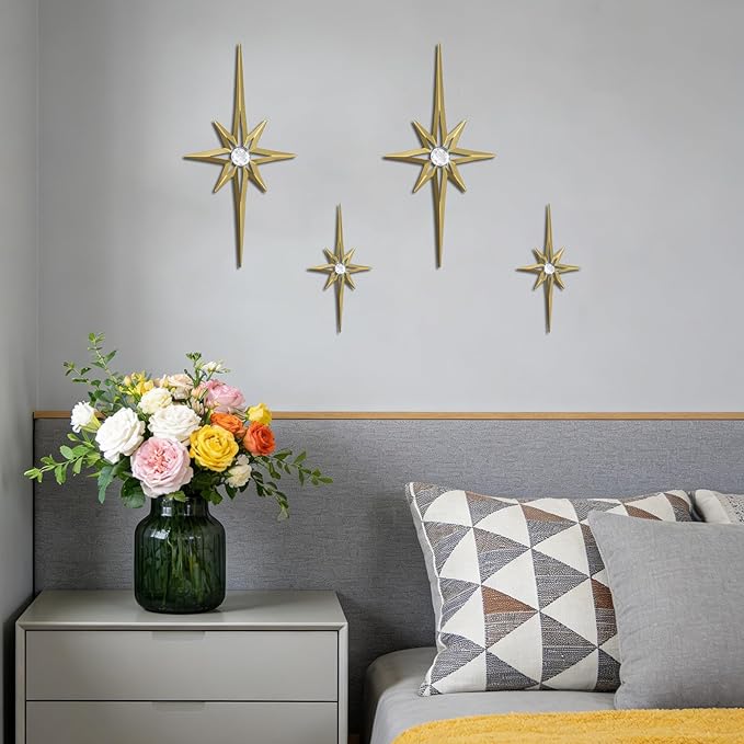 sxnzequnze 4 Pack Metal Star Wall Art 8 Pointed Starburst Wall Decor Set with 2 Large & 2 Small Pieces Mid Century Celestial Metal Wall Sculpture for Bedroom Living Room Office Gallery Wall
