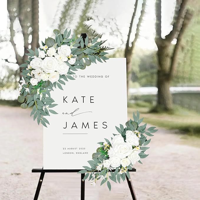Wedding Arch Faux Flowers Set of 2, Wedding Welcome Signs Greenery Garland Decoration for Ceremony, Reception, Backdrop (White)