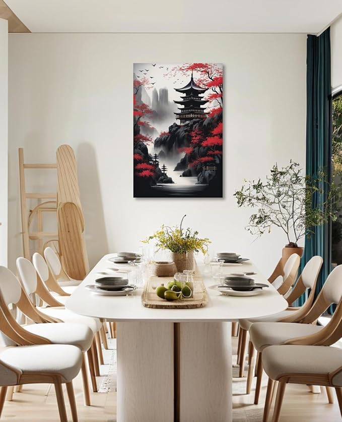 KPLUNDO Japanese Wall Art Asian Landscape Canvas Prints Red and Black Cherry Blossom Trees Picture Vintage Painting for Bathroom Living Room Bedroom Home Wall Decor(Art-1,20.00x30.00 inch)