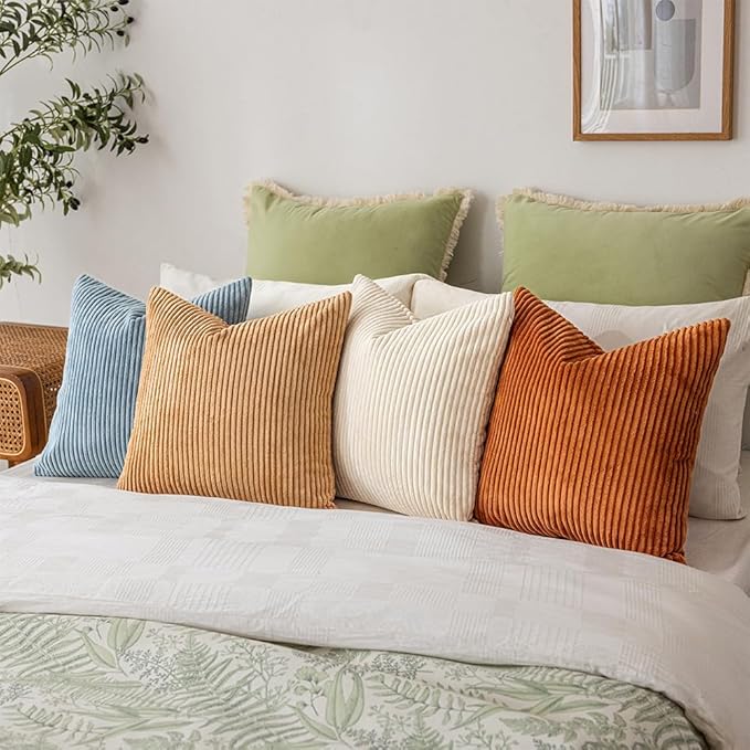 LANANAS Neutral Couch Throw Pillow Covers 18x18 Inch Set of 4 Decorative Farmhouse Boho Throw Pillows for Living Room, Couch, Bed, Sofa Soft Corduroy Accent Home Decor (Cream-Orange, 20x20 Inch)