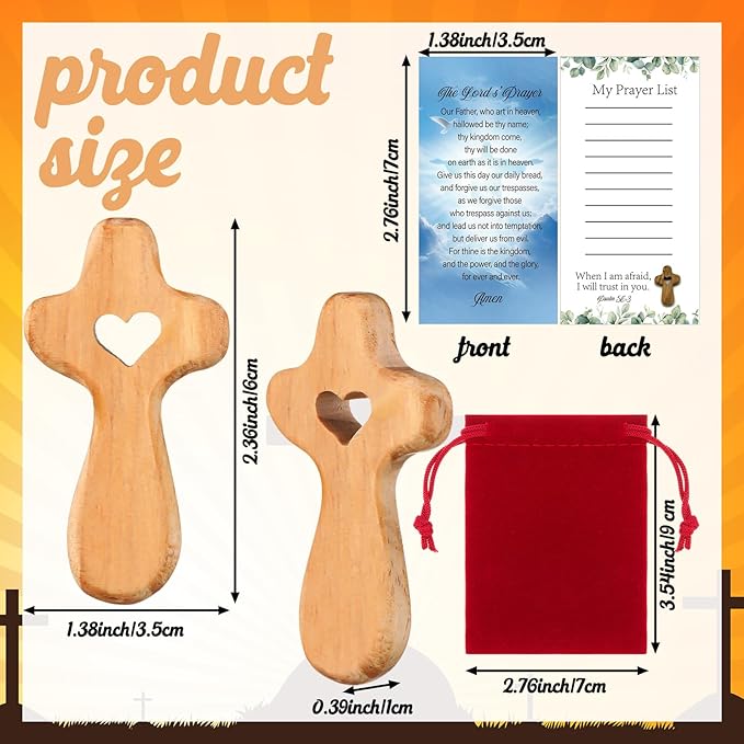Bucherry 10 Set Olive Wood Cross My Heart Small Pocket Crosses with Bags and Prayer Cards Jesus Christian Holding Hand Crosses Bulk for Christmas Baptism First Communion Gift (Wood,2.36 Inches)