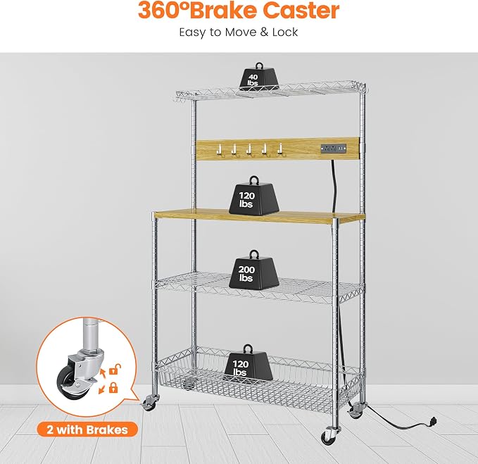 Bakers Rack with Power Outlet & Storage, 33 Inch Microwave Stand Kitchen Shelf Storage Rack, Coffee Bar Cart with Wheels & Hooks, 4-Tier Metal Kitchen Shelves Cart, Chrome