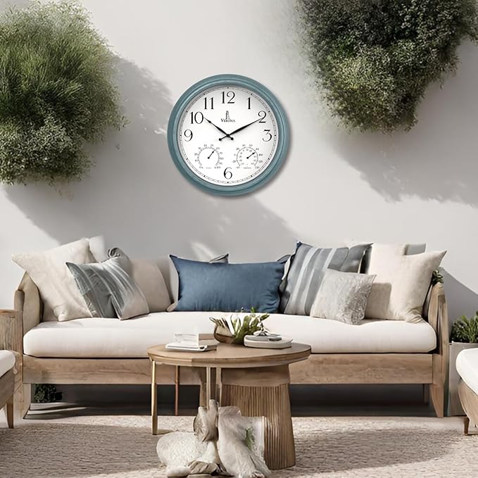 18 inch Outdoor Clocks for Patio Large Waterproof with Thermometer - Teal Blue Outdoor Clock with Temperature and Humidity for Wall - Weatherproof, Accurate & Easy to Read for Pool, Patio & Garden