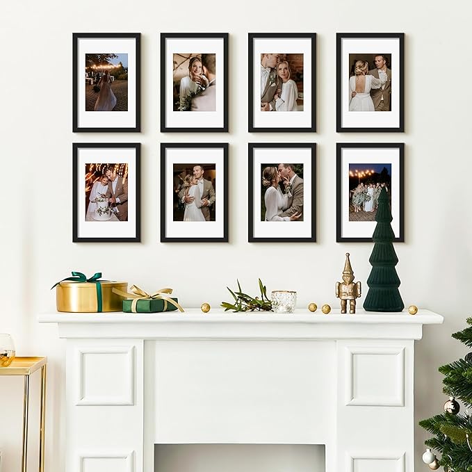 upsimples 8x12 Picture Frame Set of 10, Display Pictures 6x8 with Mat or 8x12 Without, Multi Photo Frames Collage for Wall or Tabletop Display, Black