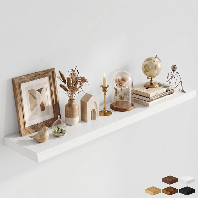 Fun Memories 55 Inch Floating Shelves for Wall - 12 Inch Deep Fireplace Mantel Shelf - Wood Floating Shelf for Wall - Large Storage Shelves Wall Mount for Living Room & Bedroom - White - Set of 1