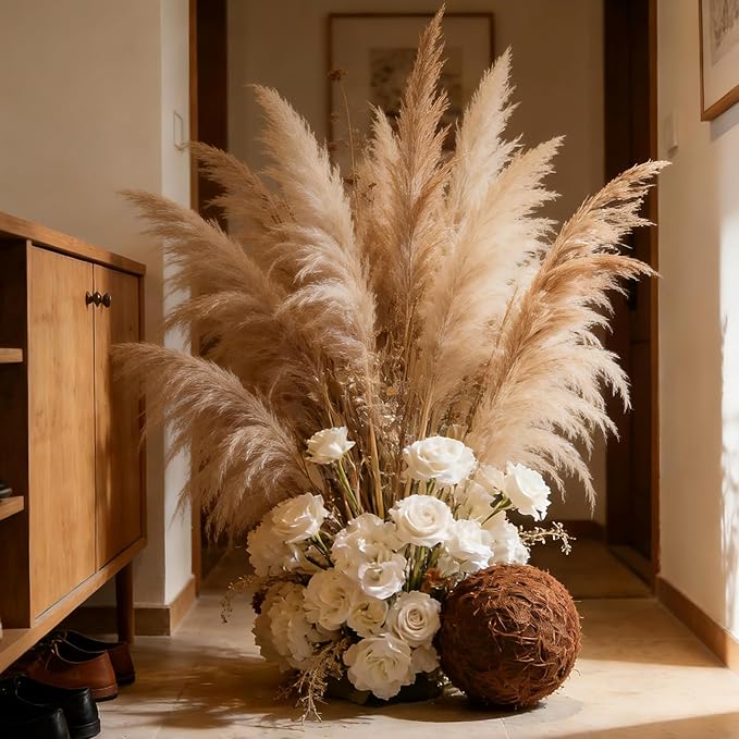 12 Stems 46" Tall Pampas Grass Decor for Floor Vase Large Dried Pampas Grass, Extra Fluffy Natural Dried Flowers for Home Living Room, Boho Wedding Decor, Modern Farmhouse Floral Arrangements