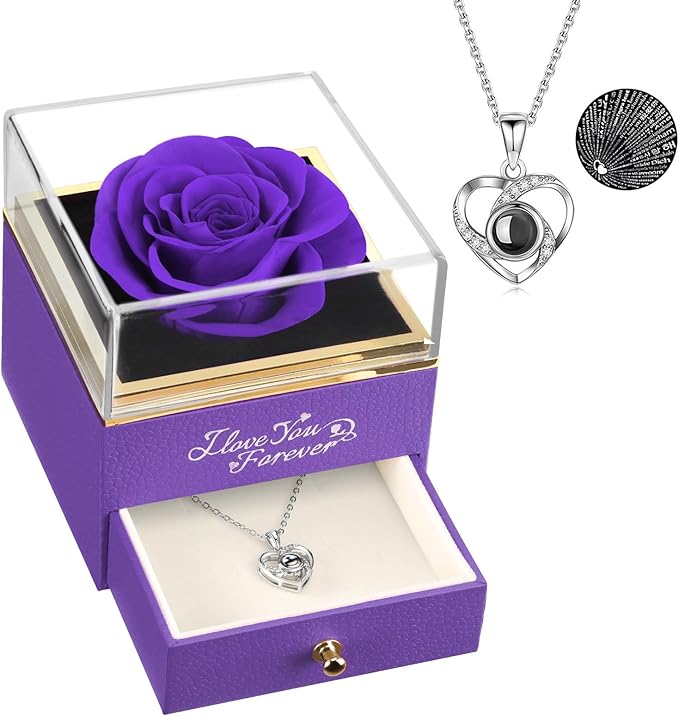 ASELFAD Preserved Real Rose with Heart Necklace -I Love You Forever Eternal Rose for Her, for Mom, Wife, Anniversary or Birthday Gifts for Women, Purple