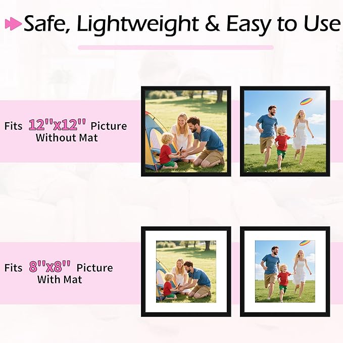12x12 Picture Frame 2 Pack, Black Photo Frames Collage for Wall Hanging, 12 x 12 Square Wall Gallery Poster Frame with Clear Plexiglass, Display Pictures 8x8 with Mat or 12x12 Without