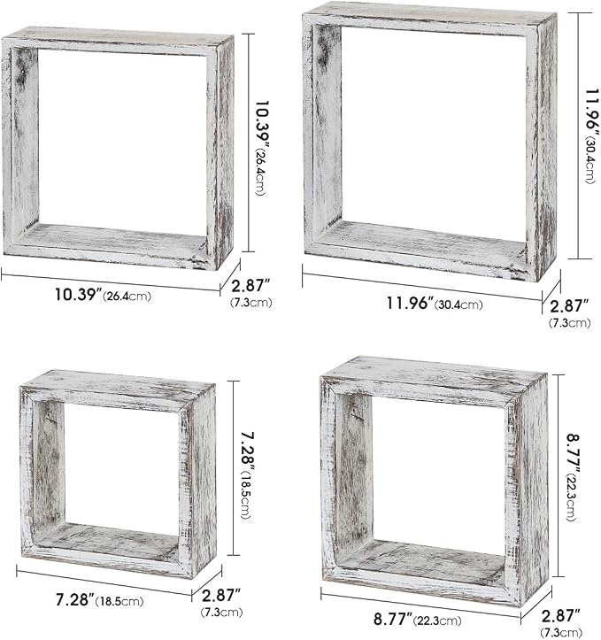 J JACKCUBE DESIGN Floating Hanging Square Shelves Wall Mounted Rustic Wood Cube Display Shelf Shadow Boxes Decorative Boho Home Décor for Living Room, Bedroom, Office, Set of 4 (White) - MK571C