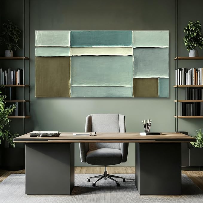 Hue7Art Modern Abstract Green Canvas Wall Art Soft Neutral Color Hand Painting Block Design Minimalist Artwork for Living Room Bedroom Office Contemporary Decor 29x58 Inch