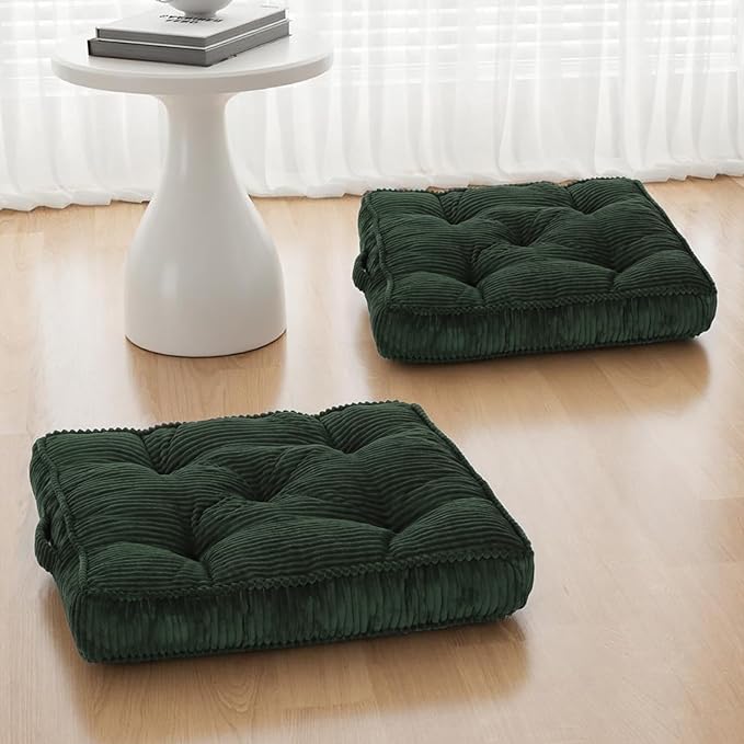 Meditation Floor Cushion Set of 2, 24x24 Tufted Floor Pillow for Adults, Square Large Meditation Cushion Pillow, Green Corduroy Sitting Pillow with Handle, Yoga Seating for Tatami