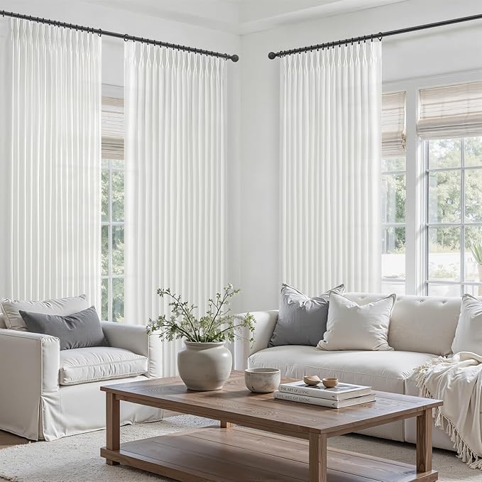 Snow White Pleated Linen Curtains 84 Inches Long for Sliding Glass Doors, Memory Shape Light Filtering Thick Viral Curtain Semi Sheer Privacy Bedroom Decorative Windows Drapes 7 FT Length 2 Panels Set