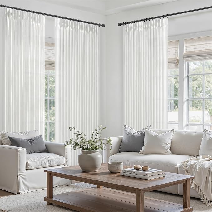 Extra Long 108 Inch Pinch Pleated Sheer Living Room Curtains 4 Panels Set, Snow White Memory Trained Linen Light Filtering Farmhouse Large Window Curtains & Drapes for Sliding Glass Doors 9FT Length