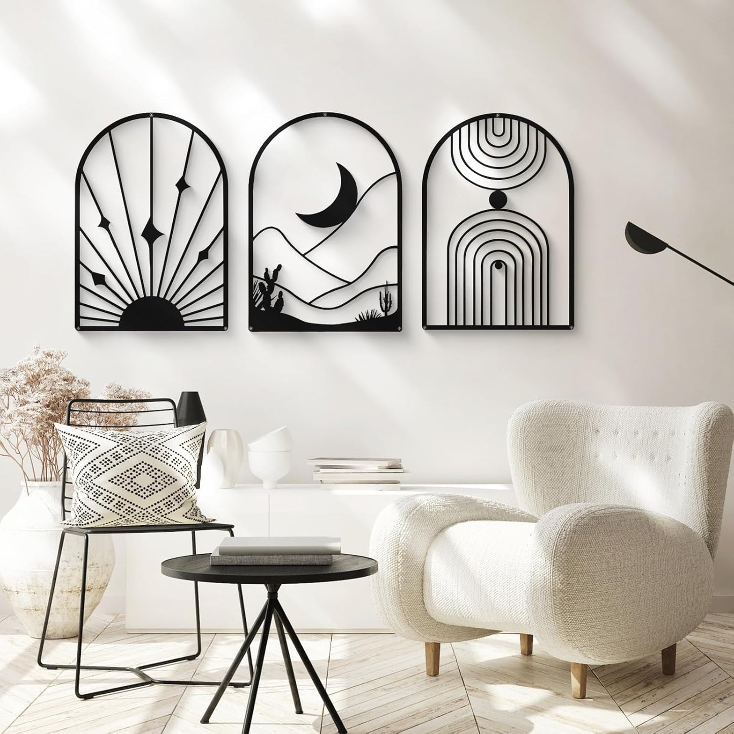 Glamativity 4 Pack Black Abstract Metal Wall Art, Minimalist Décor Single Line Art Wall Décor, 3D Textured Metal Wall Sculptures, for Living Room Bedroom Bathroom Study Room (Black Boho, M Size 17 x 12'')