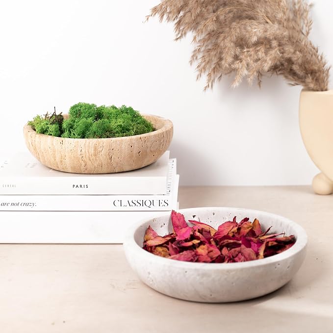 Shelf & Nook Travertine Decorative Bowls for Home Decor. Key Bowl for Entryway Table in a Choice of 5 Colors (White/Gray, Small)