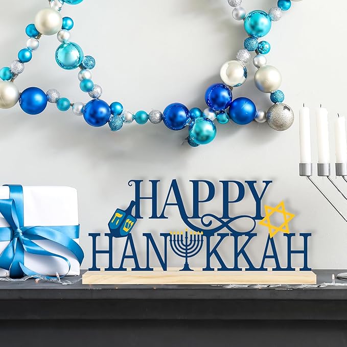 COCHIE Metal Happy Hanukkah Sign, Chanukah Menorah Turkey Table Centerpieces Decorations for Home, Office, Shelf, Mantel, Indoor, Jewish Festival Candles Party Supplies Decor (Hanukkah)