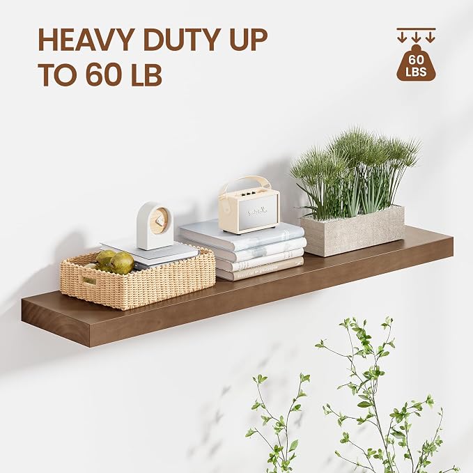 Heimlove Solid Wood Floating Shelves 36 inch, 8 Inch Deep Display Shelves Set of 2, Wall Mounted Floating Shelf with Invisible Brackets for Bathroom Bedroom Kitchen Living Room - American Walnut