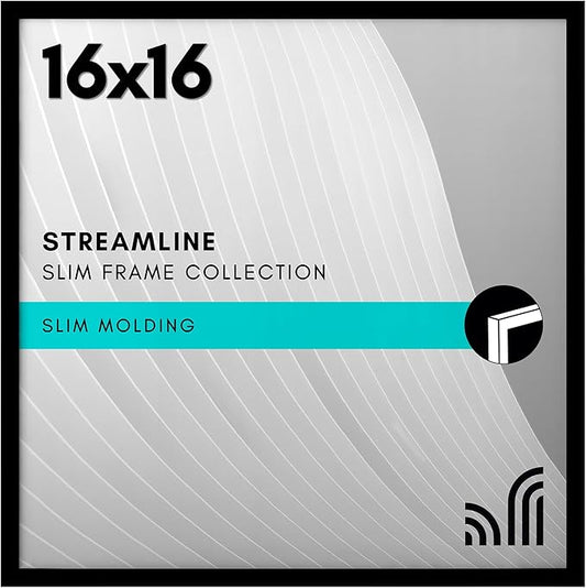 Americanflat 16x16 Picture Frame with Polished Plexiglass - Streamline Collection - Thin Border Square Frame for Wall Display - Hanging Hardware Included - Black