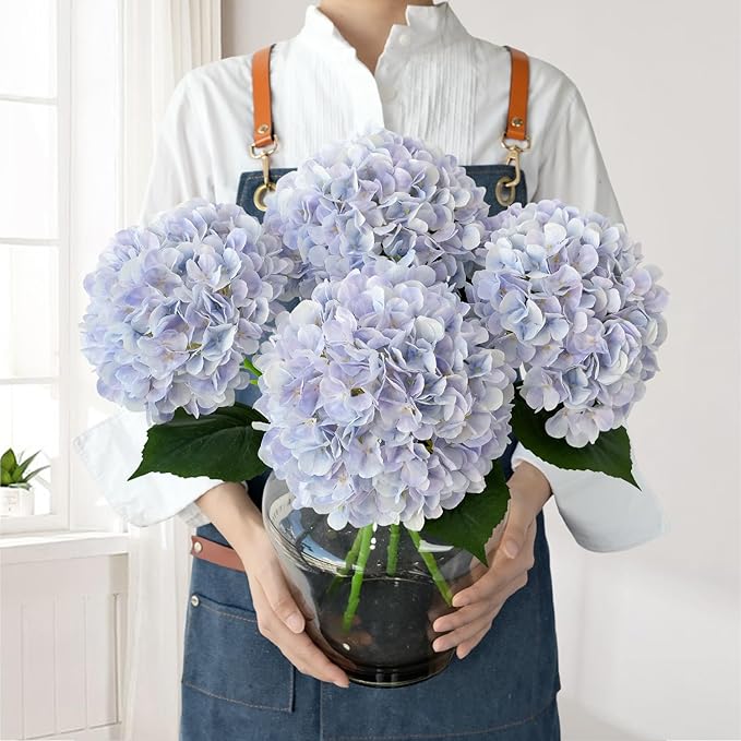 JINWOE Boho Fake Hydrangea Artificial Flowers, 4Pcs 22" Large Lifelike Silk Artificial Hydrangeas, Full Fake Flowers for Bouquet Table Centerpieces Wedding Indoor Home（Light Blue Violet）