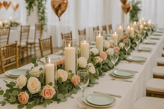 Set of 12 White Pillar Candles with Clear Glass Hurricane Holders- Elegant Cylinder Candle Vases for Weddings, Parties, Centerpieces, Home & Office Decor (White, 12 Set)
