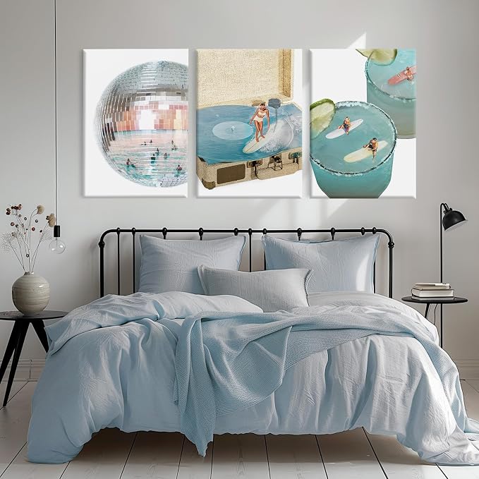 Blue Coastal Groove Wall Art Retro Disco Beach Canvas Poster Summer Surf Wall Decor Trendy Coastal Pictures Ocean Painting Preppy Aesthetic Prints Funky Artwork for Bedroom 12x16 Inch Ready to Hang