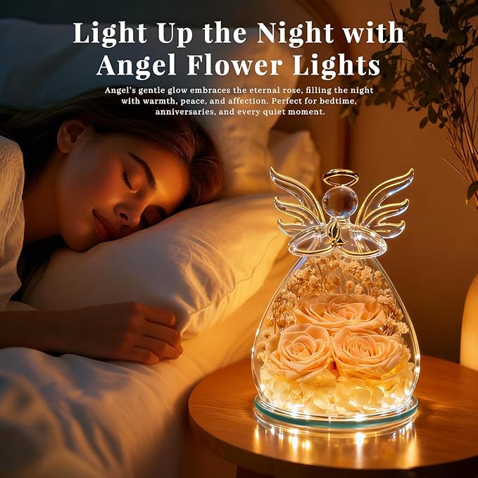 Beferr Mothers Day Mom Birthday Gifts for Women, Fresh Flowers for Delivery Forever Preserved Rose in Glass Angel Figurine, Anniversary Christian Real Rose for Grandma Nana Wife Mum from Daughter Son