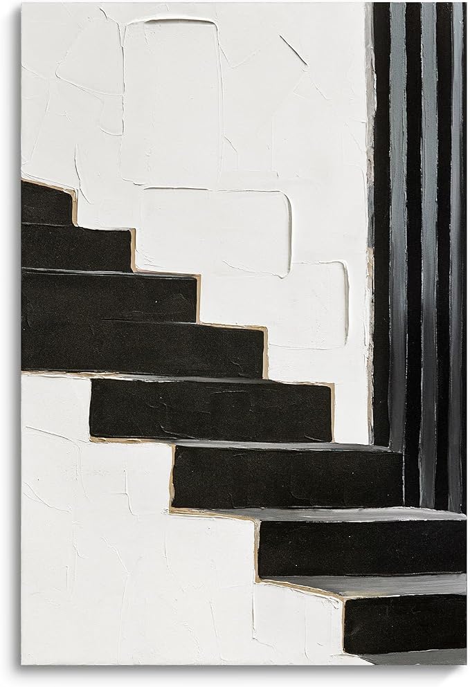 Modern Minimalist Abstract Black & White Canvas Wall Art for Living Room | Large 3D Textured Oil Painting Artwork for Bedroom Dining Room Office Hallways, Neutral Geometric Wall Decor 24x36 Inch