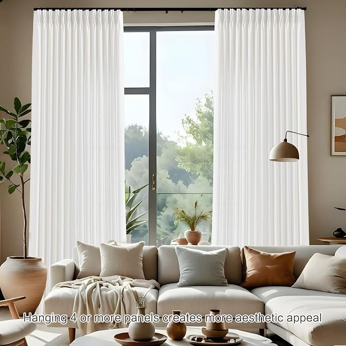 White Pinch Pleated Linen Curtains 96 Inches Long for Living Room, Light Filtering Pleat Drapes Textured Thick Ceiling Semi-Sheer Window Curtain with Hooks for Farmhouse Bedroom Balcony, 2 Panels