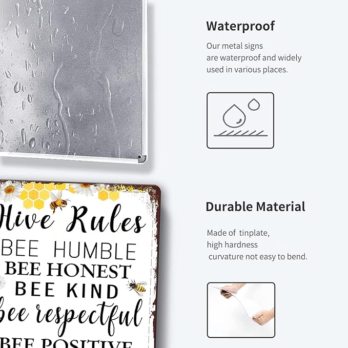 Bee Hive Rules Sign, 12 x 8 Inch, Metal, Decorative Sign, Beekeeping, Wall Mount, Yellow, Brown