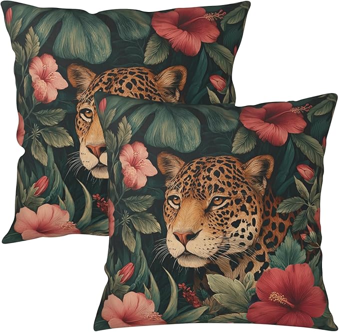 Set of 2 Hawaiian Floral Leopard Throw Pillow Covers Tropical Palm Monstera Leaves Pillow Cases 22x22 Summer Jungle Cheetah Hibiscus Flower Pillow Covers for Home Sofa Couch