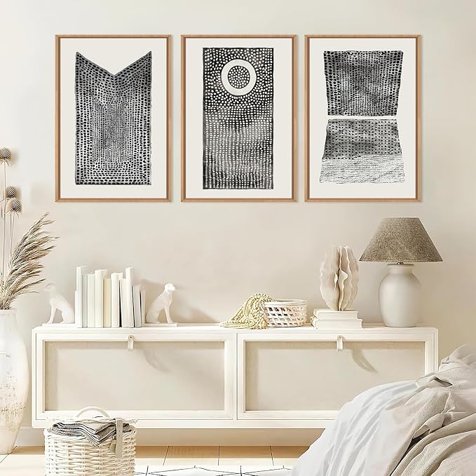 DRACIT Large Abstract Dot Black Pattern Framed Canvas Wall Art Set,Modern Neutral White Circle Wall Decor,Minimalist Black White Geometric Artwork for Living Room,Bedroom,Office-16 x24 x3