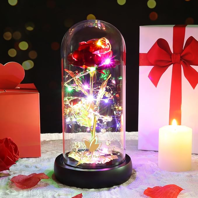 Mothers Day Rose Gifts for Mom, Birthday Gifts for Women, Flower Galaxy Glass Rose with 2 Light Modes Forever Eternal Colorful Gold Foil Rose in Glass Dome,Anniversary Valentines Women Gifts