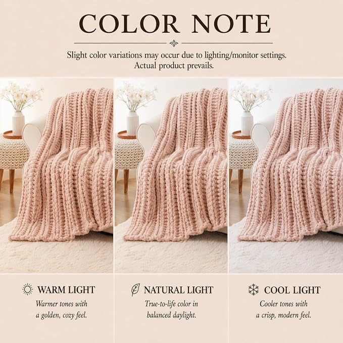 Battilo Chunky Knit Throw Blanket for Couch, 50"x60", Pink | Hand Knit, Gift Blanket for Girls, Women, Cozy Warm Thick Soft Chenille Throw Blanket for Chair, Sofa, Living Room