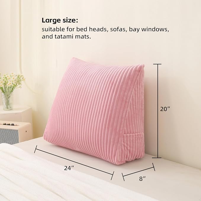 Corduroy Wedge Reading Pillow for Bed, 3 Sizes, 4 Colors for Bed, Sofa, Office Chair (Pink, Large 24 * 20 * 8in)