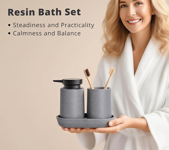 Clasin Home 3 Pcs Bathroom Accessories Set, Liquid Soap Dispenser with Large Pump, Toothbrush Holder Cup and Soap Dish, Sandstone Texture Bathroom Counter Set for Modern Home (Gray)