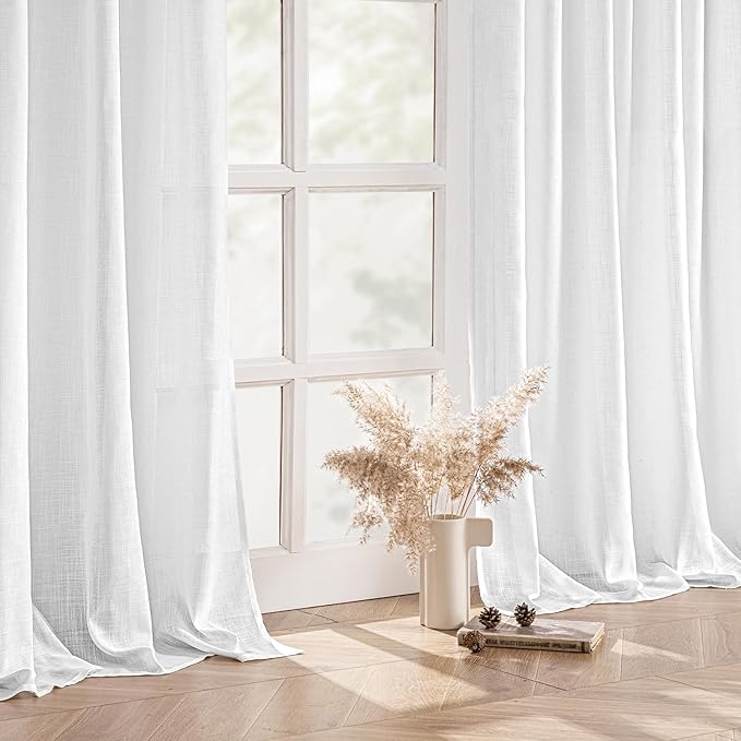 MIULEE White Linen Curtains 96 Inches Long 2 Panels for Bedroom Living Room, Soft Thick Linen Textured Back Tab Window Drapes Semi Sheer Light Filtering Rod Pocket Modern Farmhouse Decor